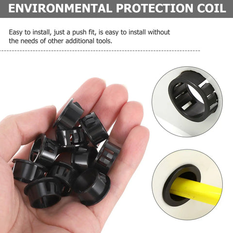 200 Pcs Nylon Cable Bushing Grommets Snap In Wire Protector Kit For Network Distribution Boxes And Office Setup Black Heavy Duty Wear Resistant Gear To Keep Cables Safe And Neat. Hand holding black nylon snap-in cable grommets