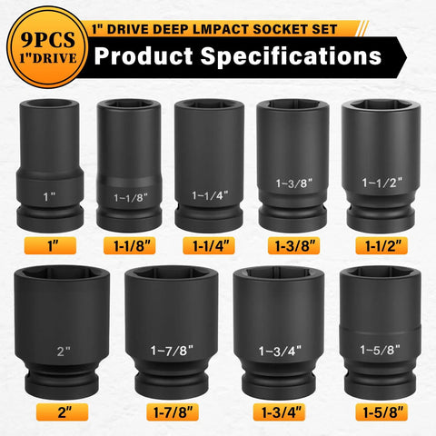 Nine black 1 Inch Drive Jumbo Impact Socket Set 9 Piece SAE Deep Socket Kit for Trucks Trailers and Heavy Equipment sizes.
