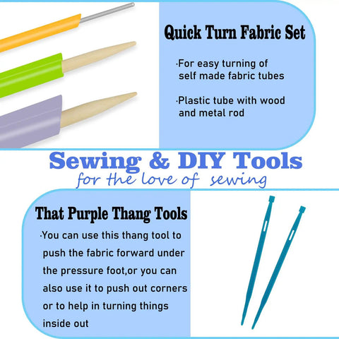Eight Piece Quick Turn Fabric Tube Turner And That Purple Thang Sewing Tools Set for DIY Crafts, shown with tubes and thang tools.