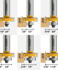 Pro Level Rabbet Router Bit With A Beefy One Half Inch Shank And Six Quick Swap Bearings showing various depth cuts on wood.