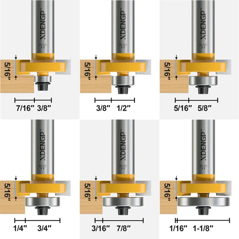 Pro Level Rabbet Router Bit With A Beefy One Half Inch Shank And Six Quick Swap Bearings showing various depth cuts on wood.