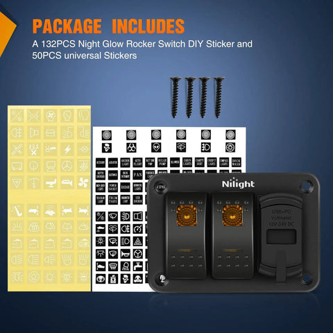 Package of Two Gang Rocker Switch Panel With PD Type C USB Charger And Voltmeter 12V SPST On Off Toggle Switches