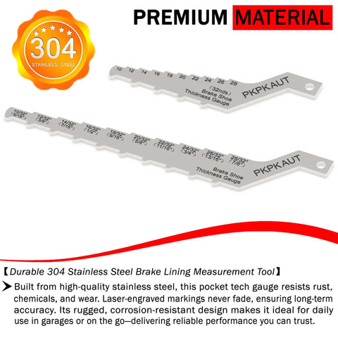 Heavy Duty Automotive Brake Pad Thickness Gauge And Drum Wear Checking Kit Featuring Precise 32nd Graduated Arms For Lightning Fast Visual Inspections On The Grind, showing stainless steel gauge with 32nd gradations.