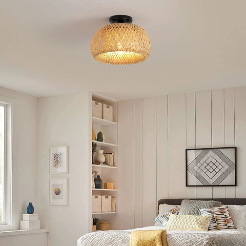 Bamboo Flush Mount Light Fixture with Woven Basket Design illuminating a cozy bedroom, farmhouse black finish.