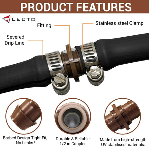 Universal Drip Line Repair And Extension Kit with plastic coupler and stainless steel clamps fixing 1/2 in tubing