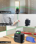360 Degree Self Leveling Laser Level With Tripod And Pulse Mode Green Beam Pro Grade Accuracy in use, showing horizontal and vertical lines
