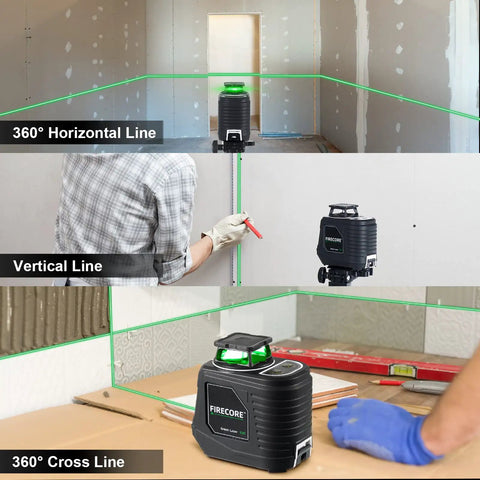 360 Degree Self Leveling Laser Level With Tripod And Pulse Mode Green Beam Pro Grade Accuracy in use, showing horizontal and vertical lines