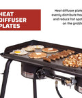 Deluxe Double Burner Steel Griddle With Extra Large 14 Inch By 32 Inch Surface Even Heat Diffusion From Built In Diffuser Plates Pre Seasoned Steel Finish For Easy Outdoor Camping And Backyard Cooking shown with cooked breakfast items.