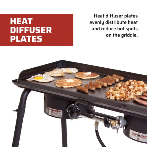 Deluxe Double Burner Steel Griddle With Extra Large 14 Inch By 32 Inch Surface Even Heat Diffusion From Built In Diffuser Plates Pre Seasoned Steel Finish For Easy Outdoor Camping And Backyard Cooking shown with cooked breakfast items.