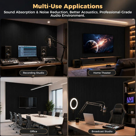 Premium Soundproof Acoustic Panels For Home Studios And Home Offices High Density Fireproof Noise Canceling Foam Wall Tiles In Classic Black Easy Mount Setup in various settings.