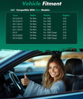 Woman in car giving thumbs up, vehicle fitment chart listing Ram 1500 compatibility by year, make, model, and engine size