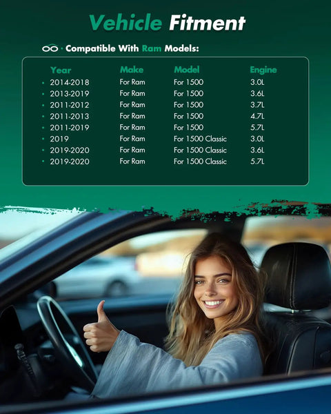 Woman in car giving thumbs up, vehicle fitment chart listing Ram 1500 compatibility by year, make, model, and engine size