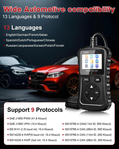 Image of OBD2 Scanner Car Code Reader with 13 language compatibility and protocol support. Suitable for 1996+ OBDII vehicles.
