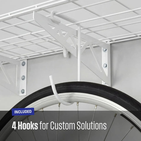 Heavy Duty Steel Garage Wall Shelves 2 Pack With Solid Built In Hooks White Wall Mounted Rack Holds Up To 300 Pounds Tool Storage Organizer For Bikes And Daily Gear 12 X 36 Inches
