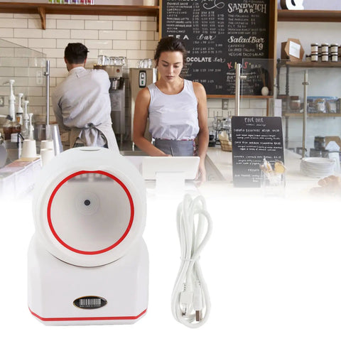 Super Tough USB 2D 1D Barcode Scanner Made From Rugged ABS for retail use, with cable, in a cafe environment