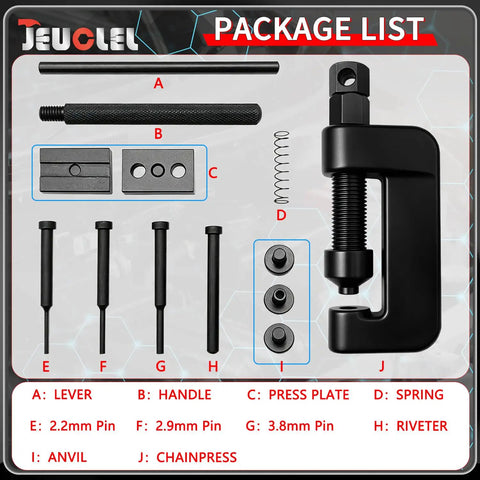 13 Piece Chain Breaker Tool Kit With Rivet And Roller Chain Link Removal Tool Heavy Duty Chain Splitter package contents displayed