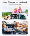 Family using 7-In-1 Cigarette Lighter Splitter With 120W Car Charger in car, showing multiple devices charging inside.