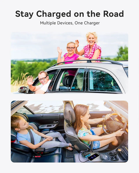 Family using 7-In-1 Cigarette Lighter Splitter With 120W Car Charger in car, showing multiple devices charging inside.