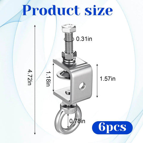 Six Pack Stainless Steel C Clamps With 4.72 Inch Beam Depth And M8 Screw Ring, I Beam Design Clamps shown in side view