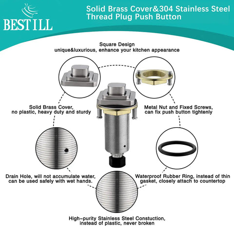 Square Design Garbage Disposal Air Switch Kit with solid brass cover and stainless steel threaded plug, parts detailed view