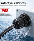 Heavy Duty Nylon Cable Glands With Tough As Nails Ip68 Sealing And Grip Tight Adjustable Strain Relief Cord Locks For Waterproof Electrical Wire Management Systems close-up of IP68 sealed cord lock with water splashes.
