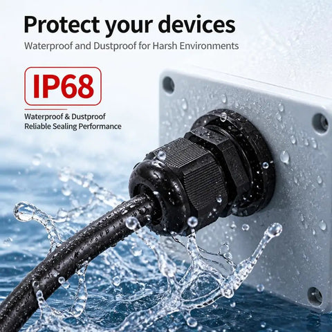 Heavy Duty Nylon Cable Glands With Tough As Nails Ip68 Sealing And Grip Tight Adjustable Strain Relief Cord Locks For Waterproof Electrical Wire Management Systems close-up of IP68 sealed cord lock with water splashes.