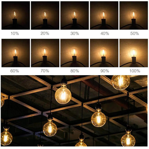 Lighting dimming levels and hanging bulbs showcasing RGB LED Dimmer Switch With RF Wireless Control And Sliding Remote Dimmable PWM DC 12V 24V 18A.