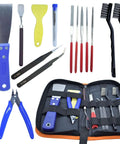 JUNYAOHSU 24-piece 3D printer tool kit with blue-handled scraper, pliers, tweezers, files and brushes in a case