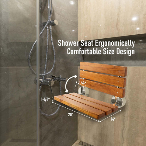 20 Inch Folding Teak Shower Bench Wall Mounted Seat For Seniors And Adults With Brushed Nickel Cover in shower