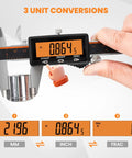 Rechargeable Digital Caliper With Type C Fast Charge And Auto Off, orange screen displaying inch conversion, held in hand