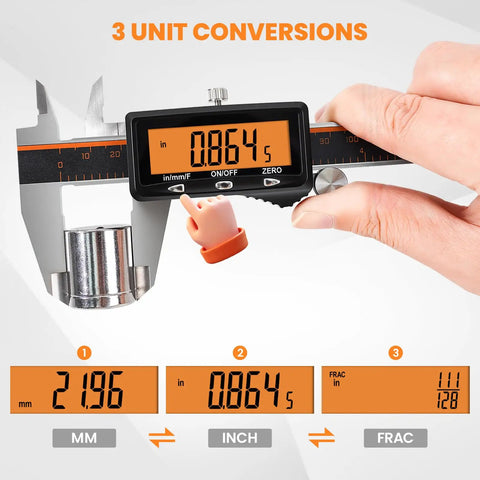 Rechargeable Digital Caliper With Type C Fast Charge And Auto Off, orange screen displaying inch conversion, held in hand