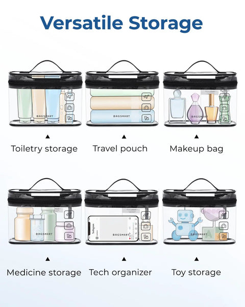 Clear TSA Approved Toiletry Bag Set Two Pack With 180 Degree Opening Quart Size Cosmetic Organizer versatile uses