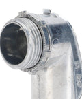 Rock Solid Three Quarter Inch Conduit Elbow Squeeze Connector 90 Degree Sweep close-up showing threaded zinc alloy design.