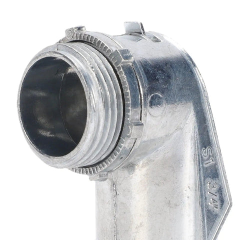 Rock Solid Three Quarter Inch Conduit Elbow Squeeze Connector 90 Degree Sweep close-up showing threaded zinc alloy design.