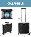 Collapsible Rolling Cart With Lid And Handle 35L, showing dimensions and 75 lbs capacity, folds flat to 3.5 inches with 4 wheels.