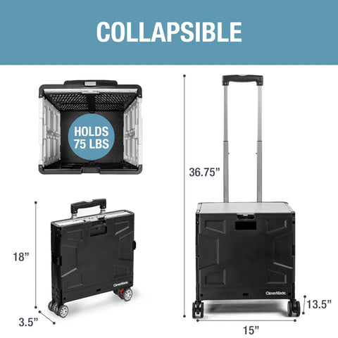 Collapsible Rolling Cart With Lid And Handle 35L, showing dimensions and 75 lbs capacity, folds flat to 3.5 inches with 4 wheels.