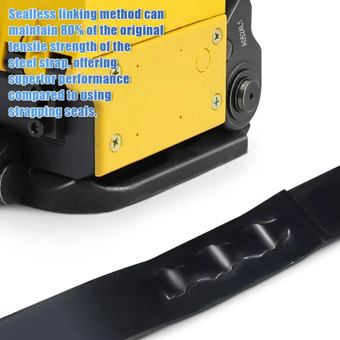 Heavy Duty Manual Steel Strapping Tool Adjustable Hand Tensioner Crimper And Cutter For 3/4 Inch Steel Banding Machine showing yellow body and black strap.