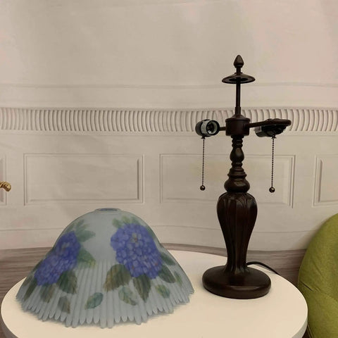 Hand Painted Hydrangea Glass Table Lamp With Metal Base In Blue, Two E26 Bulbs Not Included, 13 Inches Wide By 19 Inches Tall