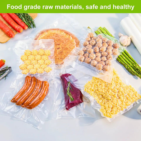 Assorted foods sealed in Extra Wide 15 Inch Vacuum Sealer Bags Roll 50 Feet Textured BPA Free Heavy Duty 3.5 Mil