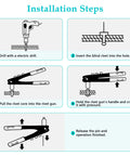 Step-by-step installation guide for EZGO TXT Golf Cart Rivet Kit, showing drilling, inserting, and crimping rivets.