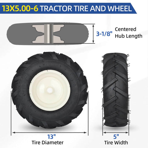 Replacement Tiller Tire And Wheel Set For Thirteen By Five Inch Tire Size With Three Quarters Inch Axle And Three And One Eighth Inch Centered Hub Fits Craftsman And Troy-Bilt Tillers, showing front, side, and cross-section views.