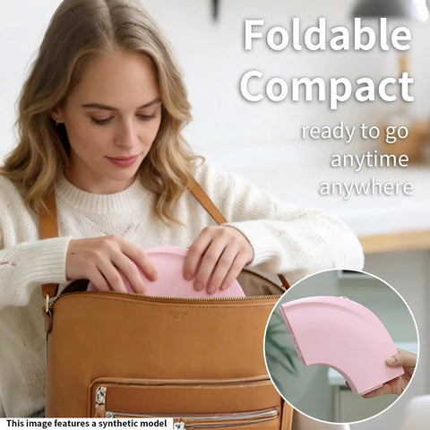 Woman placing No Sweat Portable Potty For Toddler Pink Travel Training Seat That Snaps Securely Onto Standard Toilets in a bag.