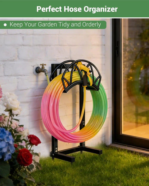 Heavy Duty Freestanding Garden Hose Reel Stand With Ground Spikes Detachable Metal Rack holds colorful hose next to flowers