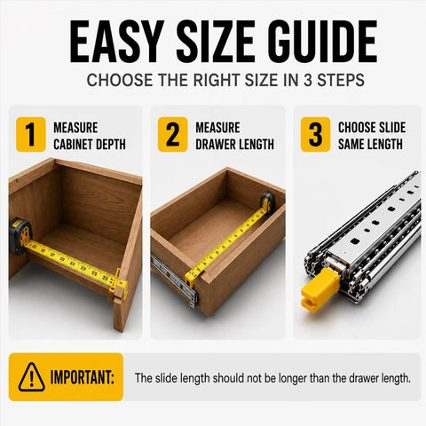 Beefy 500 Lbs Drawer Slides With 3 Fold Full Extension Rugged Steel Cabinet Rails For Heavy Gear Smooth Glide Secure Locking Non Removable Lock Industrial Grade Performance measuring guide for cabinet depth and drawer length