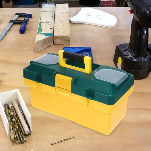 Rock Solid Portable Plastic Toolbox Organizer With Smart Compartments For Easy Carry And Outdoor Use on workbench with tools.