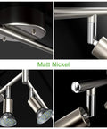 Close-up view of Six Light LED Track Lighting Kit in matte nickel finish showing rotatable heads and GU10 LED bulbs installed.