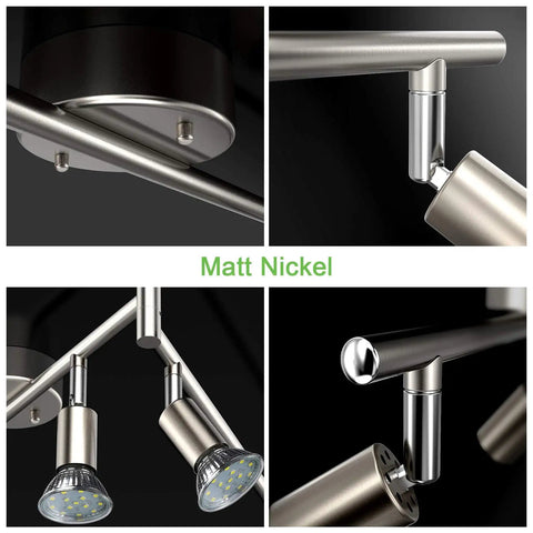 Close-up view of Six Light LED Track Lighting Kit in matte nickel finish showing rotatable heads and GU10 LED bulbs installed.