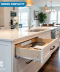 Kitchen island with open drawer showing Drawer Outlet Kit With Four USB C PD30W Fast Chargers Plus Two USB A And Two Tamper Resistant Outlets.