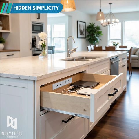 Kitchen island with open drawer showing Drawer Outlet Kit With Four USB C PD30W Fast Chargers Plus Two USB A And Two Tamper Resistant Outlets.