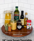 24 Inch Round Wooden Lazy Susan Turntable For Kitchen Cabinet Storage And Spicy Condiments on countertop with jars and bottles